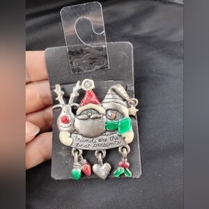 Festive Santa and Snowman and Deer Brooch 'Feiends Are The Best Presents' Sign